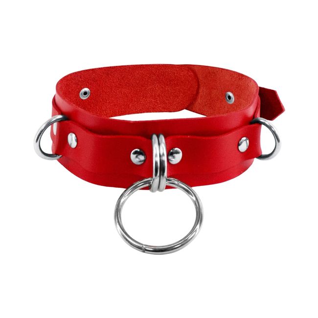 Feral Feelings D-Rings Genuine Leather Dog Collar, Red, ONE SIZE, ONE SIZE