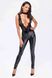 Leatherette jumpsuit Noir Handmade F298 Libido Deep-V catsuit with collar and pearl chain Black S