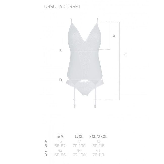 Corset with pages, panties with openwork decor and intimate neckline Passion Ursula Corset, White, 2XL, 3XL, 2XL/3XL