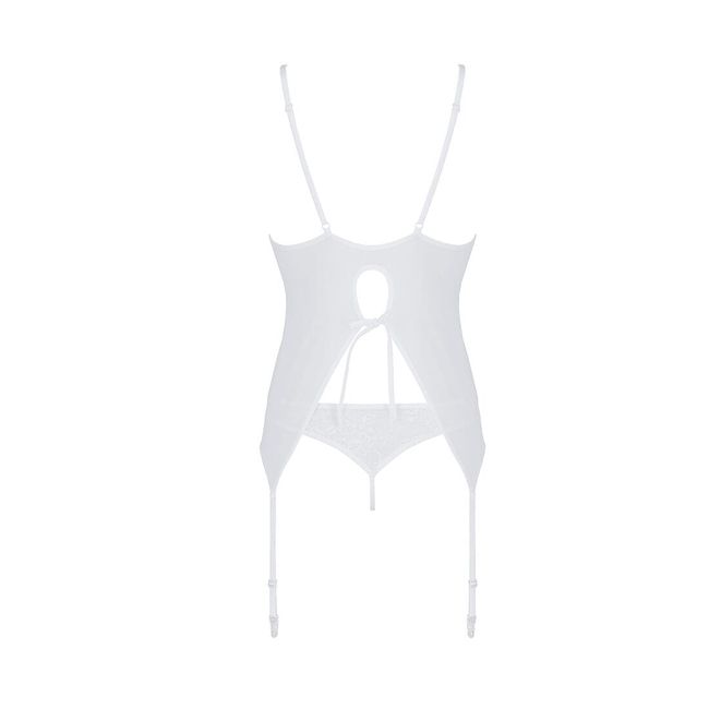 Corset with pages, panties with openwork decor and intimate neckline Passion Ursula Corset, White, 2XL, 3XL, 2XL/3XL