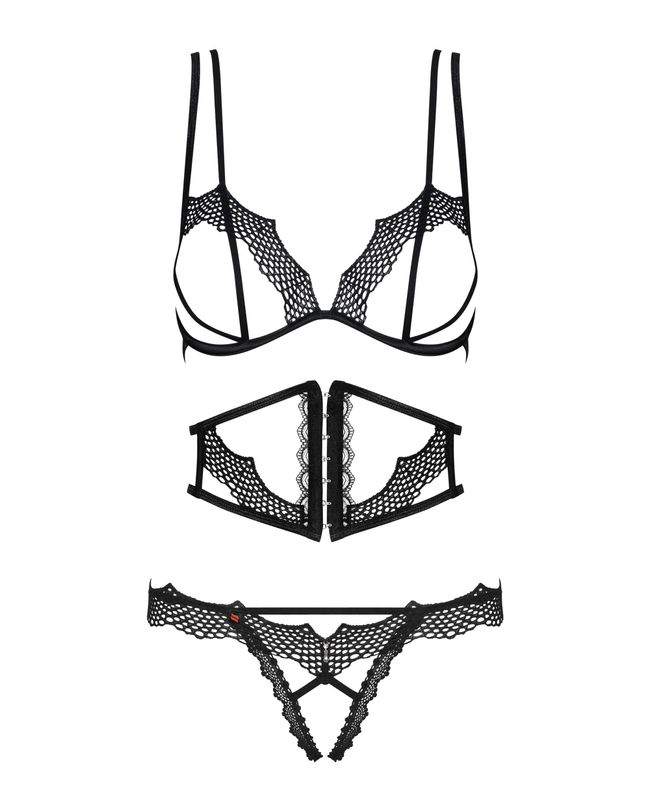 Open set Obsessive Bravelle set (belt, open bust, panties with a slit), Black, L, XL, L/XL