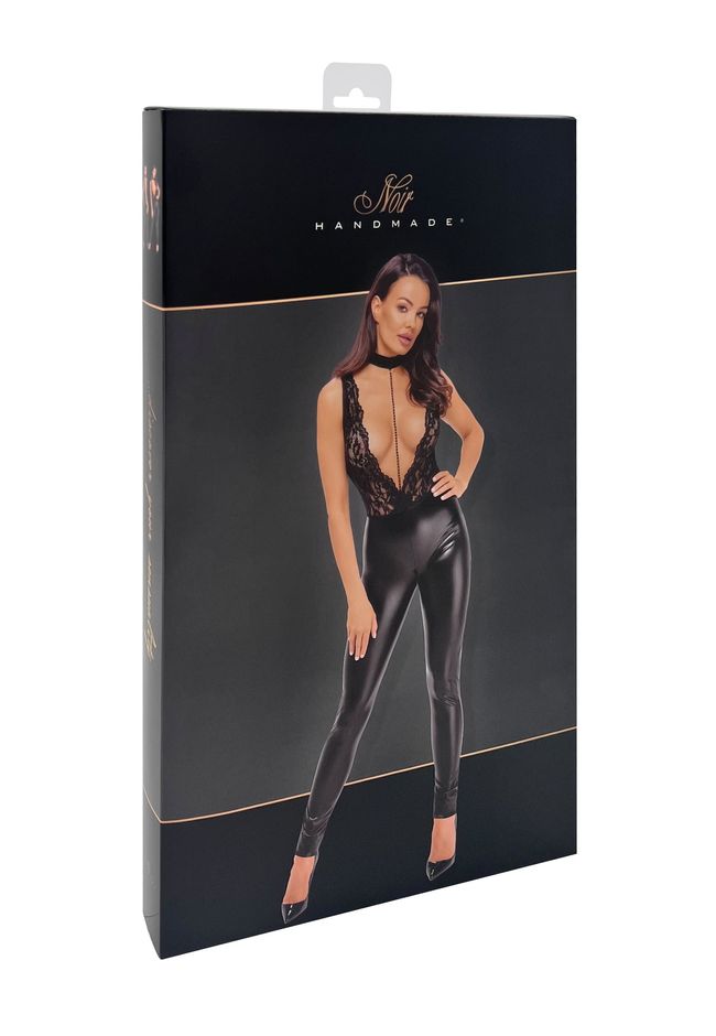 Leatherette jumpsuit Noir Handmade F298 Libido Deep-V catsuit with collar and pearl chain Black S