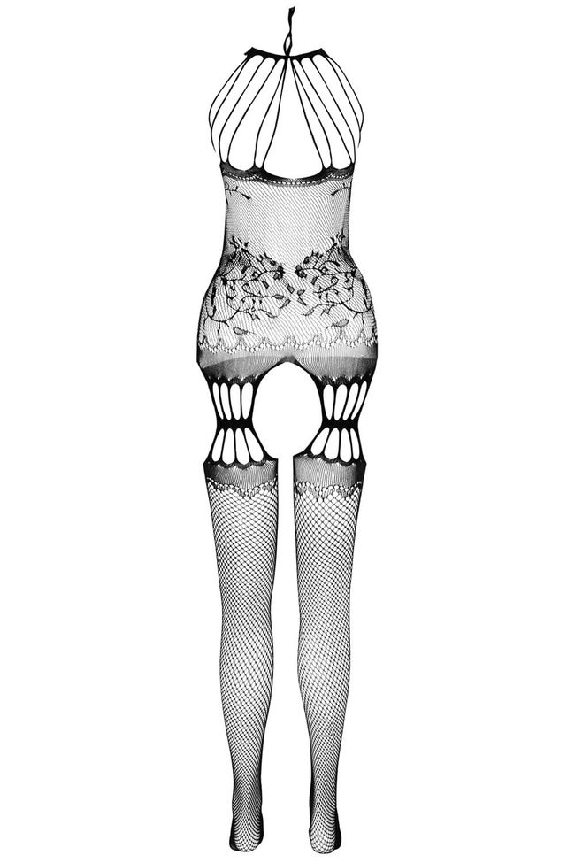 Bodystocking with multiple straps Passion BS095 imitation belt and stockings, with access, Black, ONE SIZE, ONE SIZE