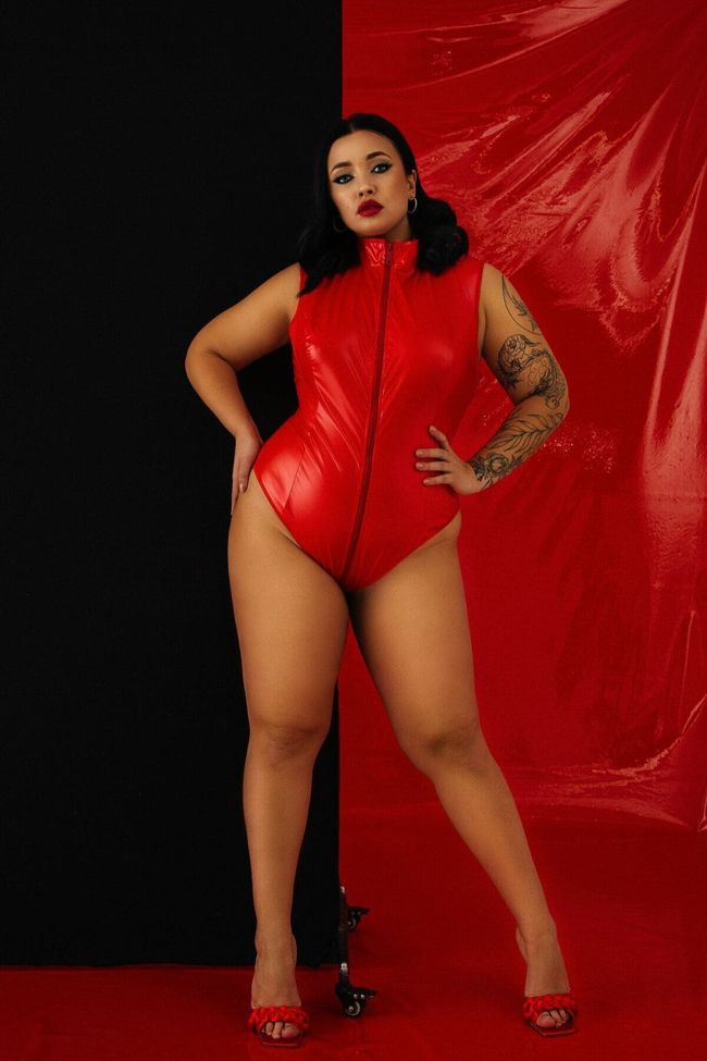 Patent leather bodysuit with full body zipper D&A Daring Stella, Red, 3XL, 3XL