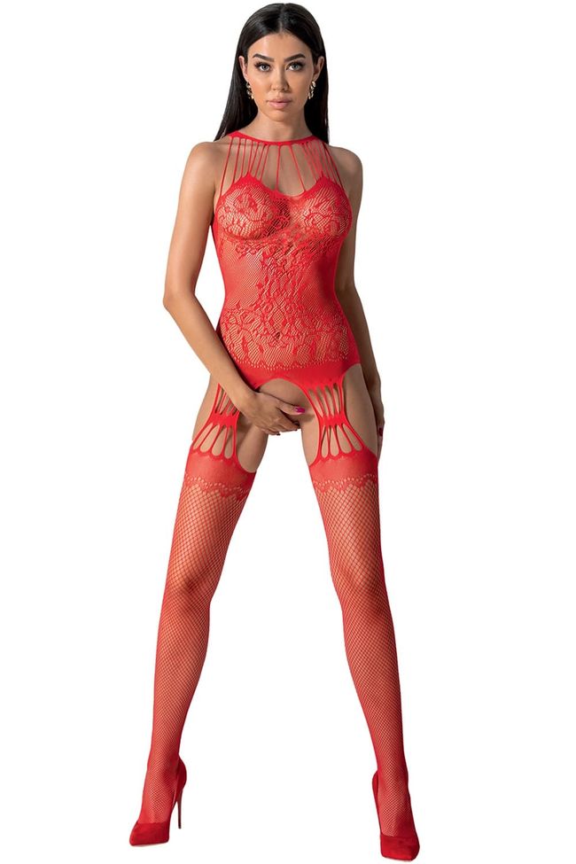 Bodystocking with multiple straps Passion BS095 imitation belt and stockings, with access, Red, ONE SIZE, ONE SIZE