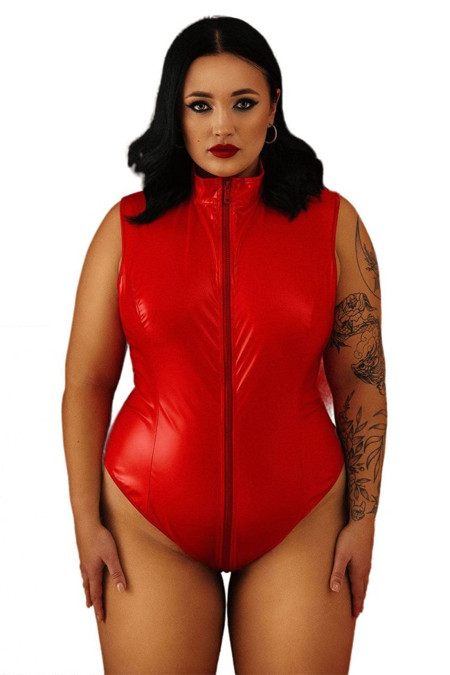 Patent leather bodysuit with full body zipper D&A Daring Stella, Red, 3XL, 3XL