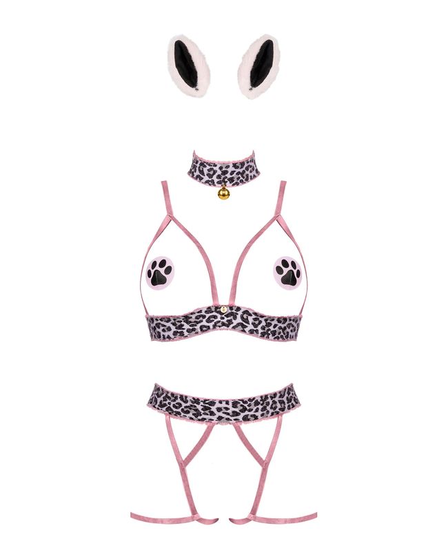 Сексуальный костюм кошечки с леопардовым принтом Obsessive Catriny Розово-черный S/M 96009 фото