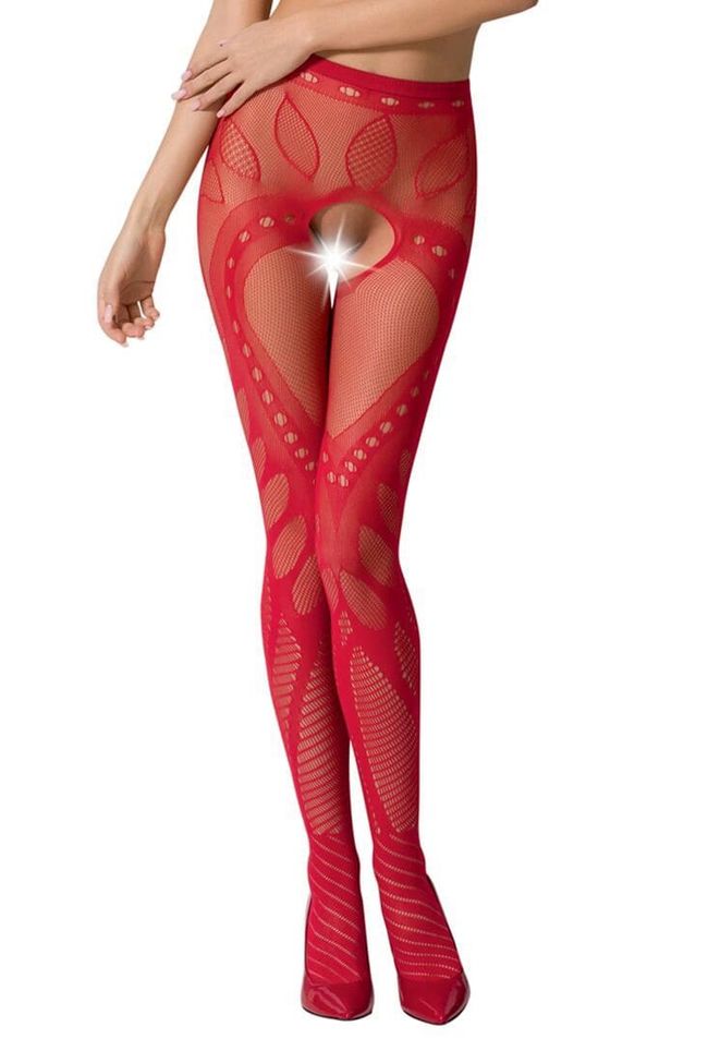 Beautiful erotic fishnet tights-bodystocking with intimate cutout Passion S007, Red, S, M, L, S/M/L