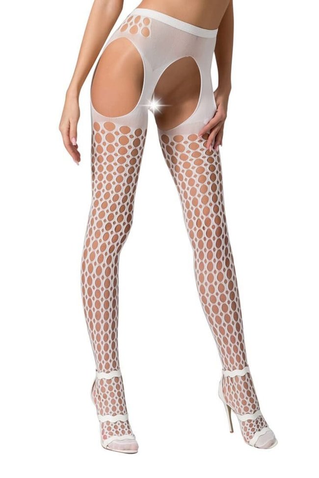 Erotic tights-bodystocking with imitation of fishnet stockings and belts Passion S006, White, S, M, L, S/M/L