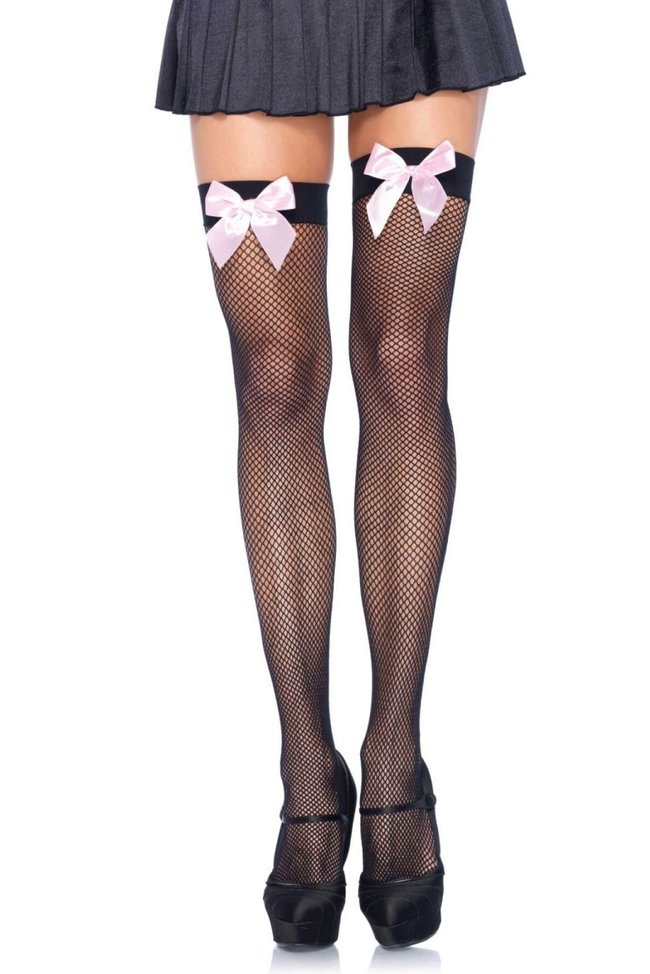 Leg Avenue Fishnet Thigh Highs pink bow One Size Black