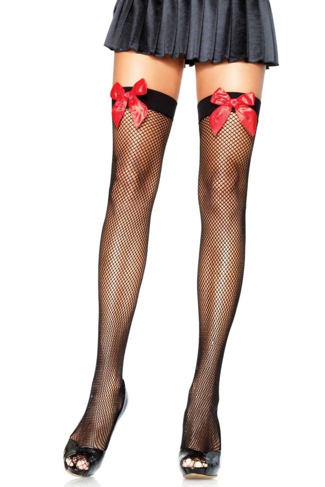 Fishnet Stockings Leg Avenue Fishnet Thigh Highs With Red Bow One Size Black