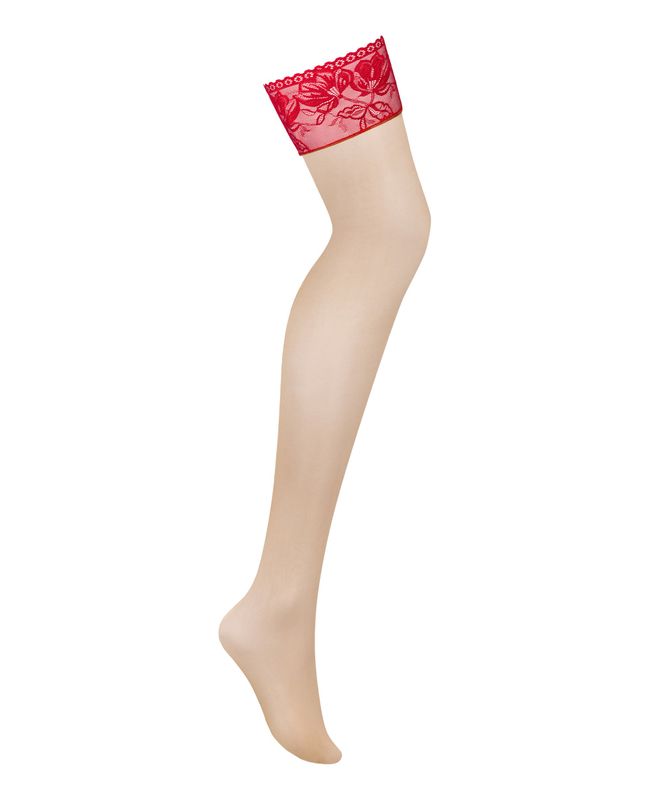 Belt stockings Obsessive Lacelove Nude with red XS/S