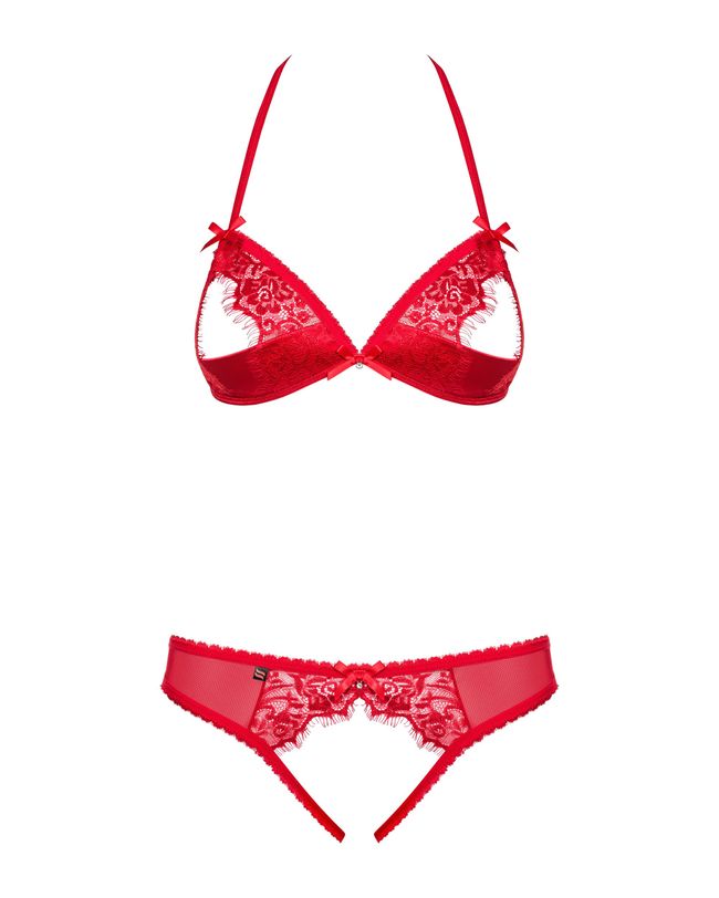 Obsessive 870-SEC-3 set with open cups and panties with a slit, Red, S, M, S/M