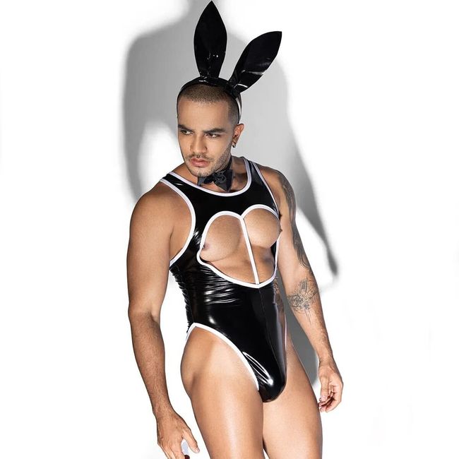 JSY Men's Bunny Costume "Tireless Mat" Bodysuit, Bow Tie, Ears, Black, ONE SIZE, ONE SIZE