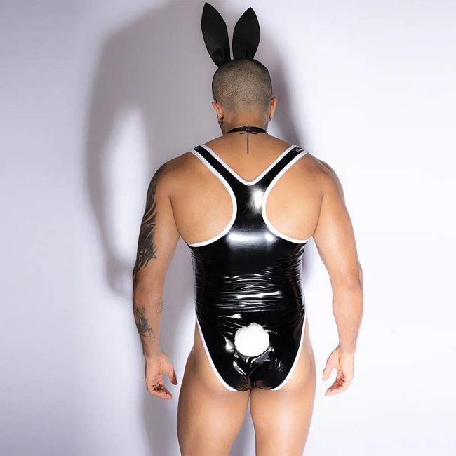 JSY Men's Bunny Costume "Tireless Mat" Bodysuit, Bow Tie, Ears, Black, ONE SIZE, ONE SIZE