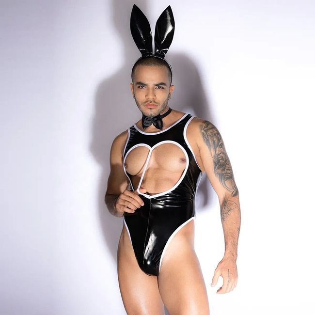 JSY Men's Bunny Costume "Tireless Mat" Bodysuit, Bow Tie, Ears, Black, ONE SIZE, ONE SIZE