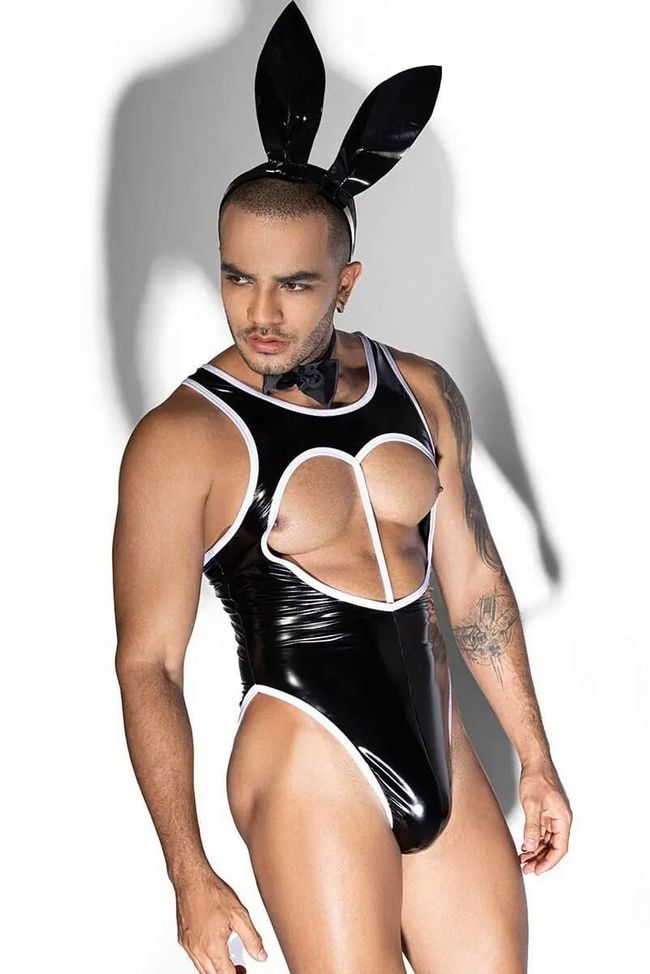 JSY Men's Bunny Costume "Tireless Mat" Bodysuit, Bow Tie, Ears, Black, ONE SIZE, ONE SIZE