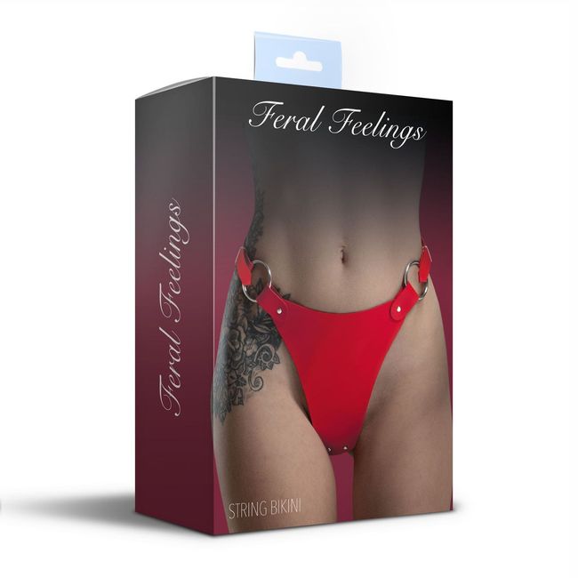 Feral Feelings String Bikini Genuine Leather Panties, Red, ONE SIZE, ONE SIZE