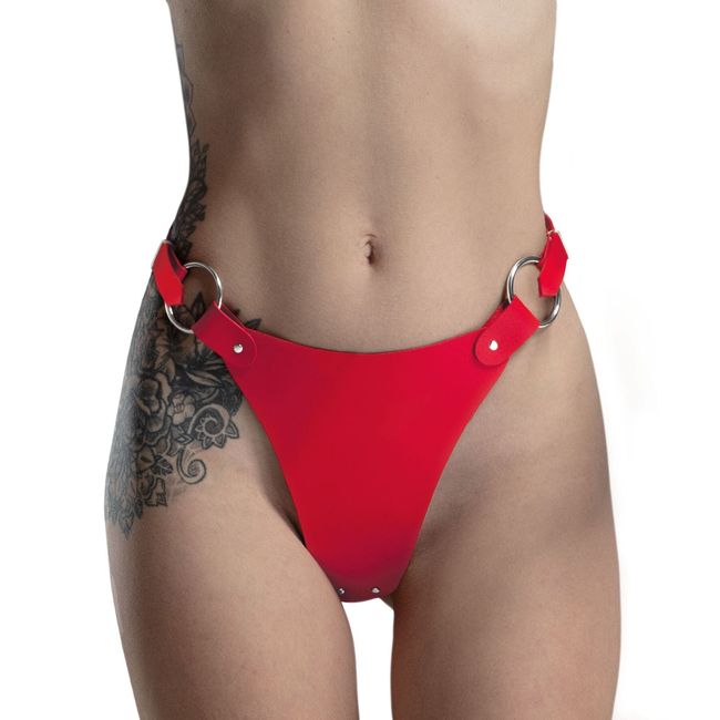 Feral Feelings String Bikini Genuine Leather Panties, Red, ONE SIZE, ONE SIZE