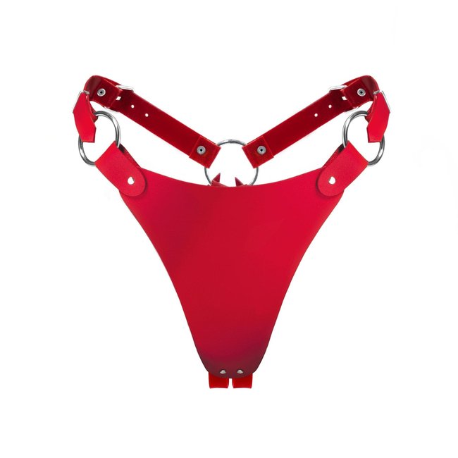 Feral Feelings String Bikini Genuine Leather Panties, Red, ONE SIZE, ONE SIZE