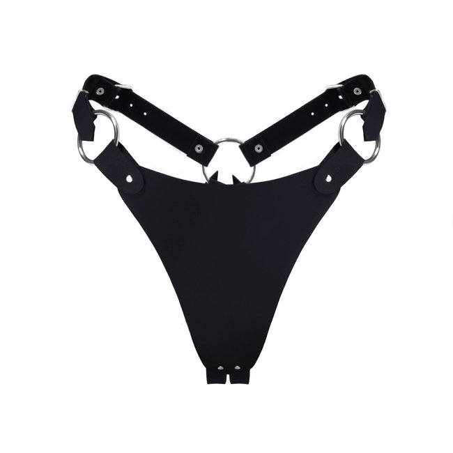 Feral Feelings String Bikini Genuine Leather Panties, Black, ONE SIZE, ONE SIZE