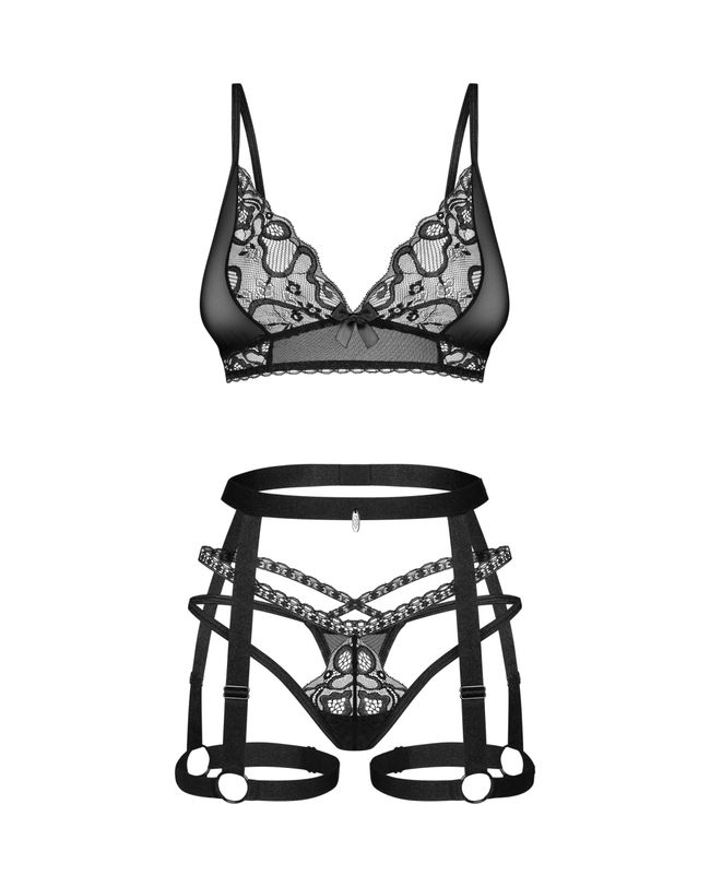 Комплект з поясом Obsessive Blomentis garter belt set Чорний M/L 103887 фото