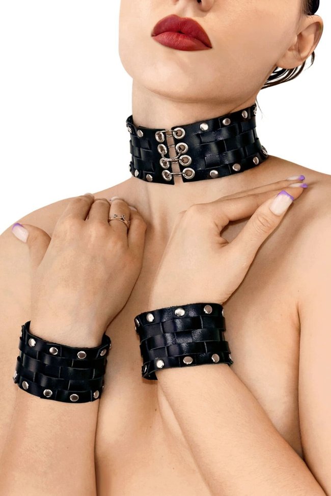 Choker with cuffs Art of Sex Leather Chezarro One Size Black