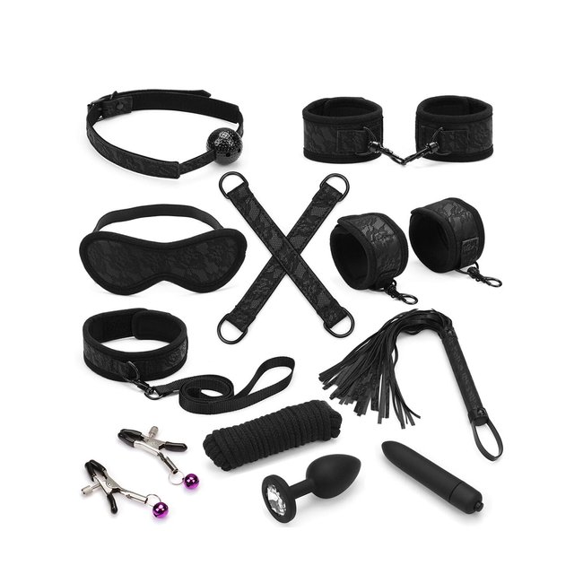 Liebe Seele Black Lace and Neoprene 11pcs Bondage Kit (anal plug with crystal, vibrating bullet), Black