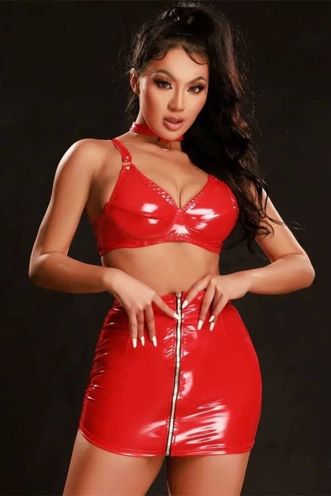 JSY Wet Look Set "Exciting Diana" (Top, Skirt, Choker), Red, S, M, S/M