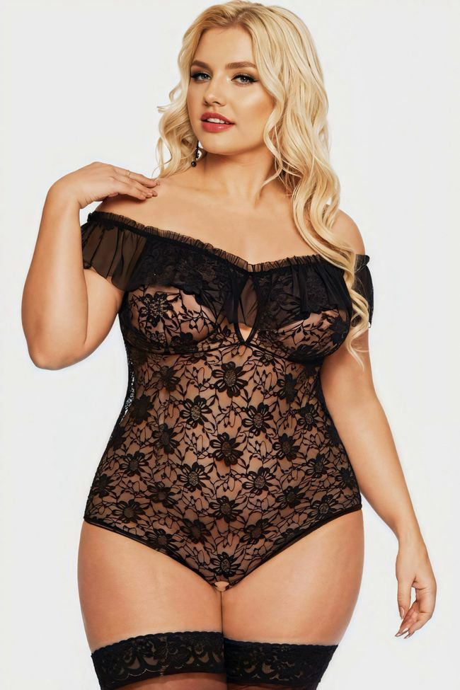 Softline Kamila Lace Ruffle Bodysuit, Black, 2XL