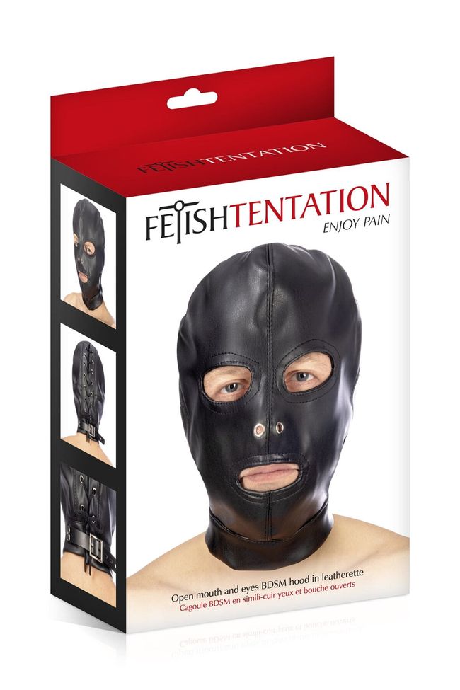 Капюшон для БДСМ з відкритими очима та ротом Fetish Tentation Open mouth and eyes BDSM hood Чорна One Size