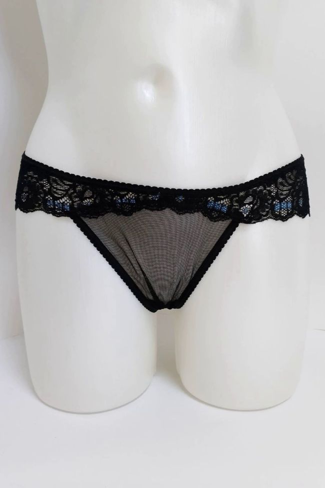 Transparent thong with lace JADEA 1515 Jadea with blue bow, Black, L