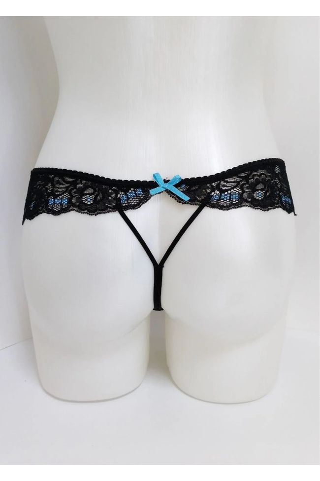 Transparent thong with lace JADEA 1515 Jadea with blue bow, Black, L