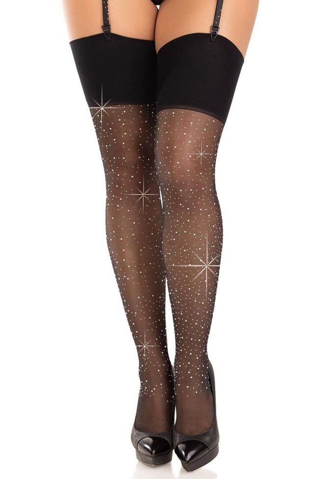 Чулки под пояс Leg Avenue Wide Top Rhinestone Sheer Stockings Черные One Size SX1064 фото