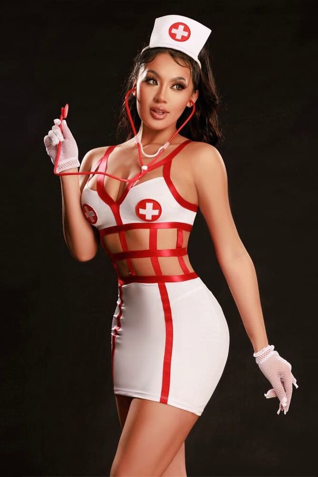 Erotic JSY Nurse Costume "Little Gabi" Dress, Gloves, Thong, Bonnet, Stethoscope, ONE SIZE, ONE SIZE