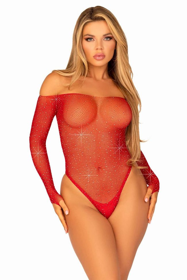 Сітчасте боді зі стразами Leg Avenue Crystalized fishnet bodysuit One Size Червоний SO9138 фото