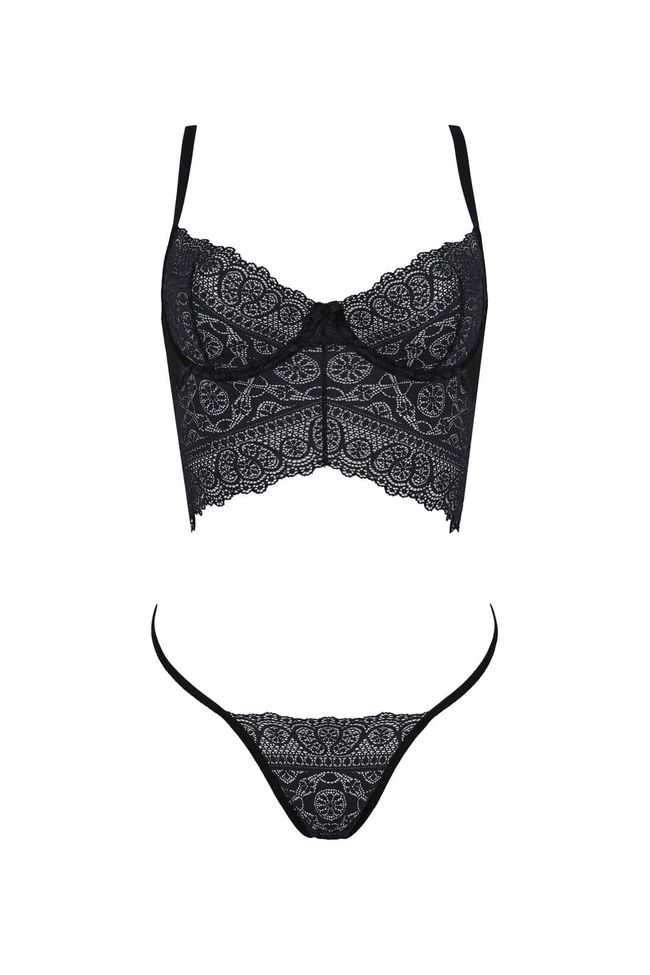 Lace set Passion KERRIA SET ECO (bustier and thong), Black, 2XL, 3XL, 2XL/3XL