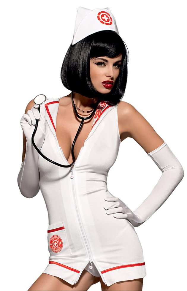 Эротический ролевой костюм медсестры со стетоскопом Obsessive Emergency dress 43814-009-T фото