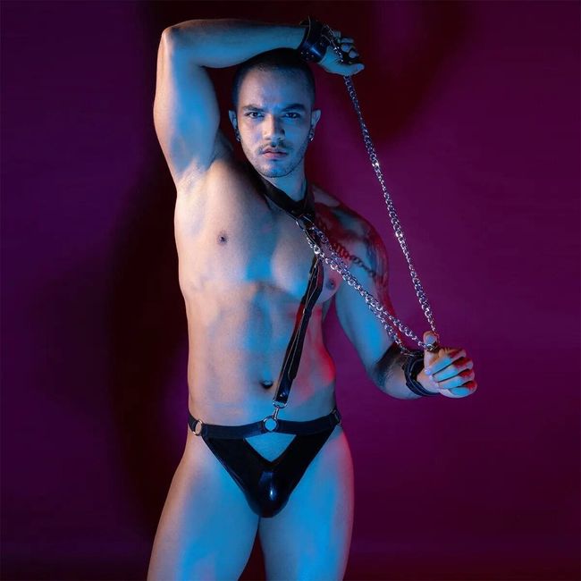 JSY Men's Erotic BDSM Costume Submissive Ethan Briefs, Harness, Wristbands, Black, ONE SIZE, ONE SIZE