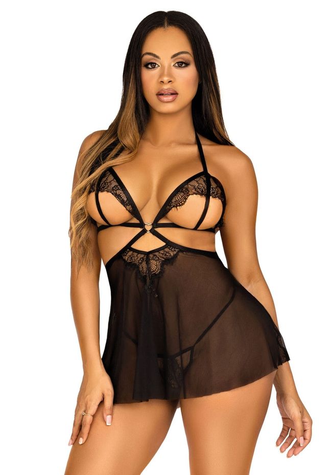 Сорочка Leg Avenue Lace and mesh babydoll & panty Черный L SO9165 фото