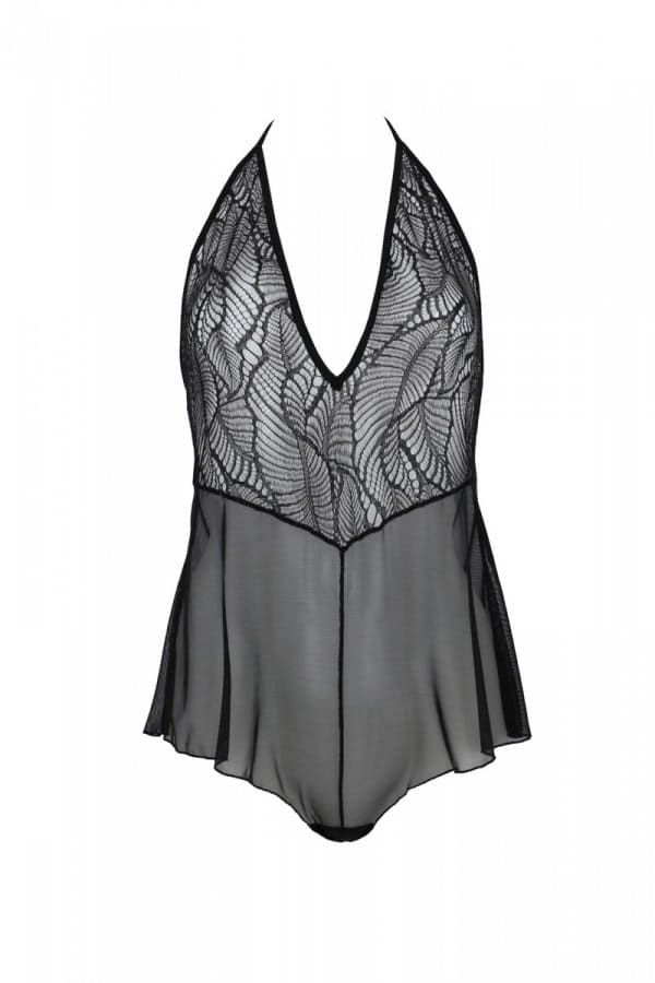 Transparent bodysuit with lace Passion LEAFA BODY ECO, Black, L, XL, L/XL