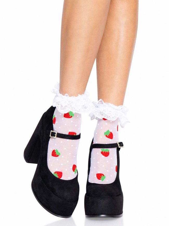 Шкарпетки жіночі з полуничним принтом Leg Avenue Strawberry ruffle top anklets One size Білі SO8583 фото