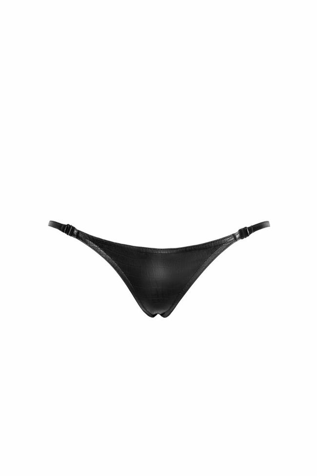 Leatherette panties Noir Handmade P012 Wild crocodile wetlook thong with double opening Black 2XL