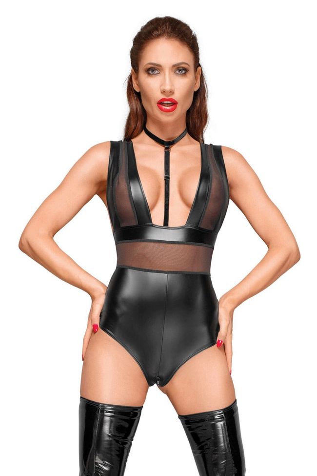 Latex bodysuit Noir Handmade F183 Powerwetlook with wide straps Black S