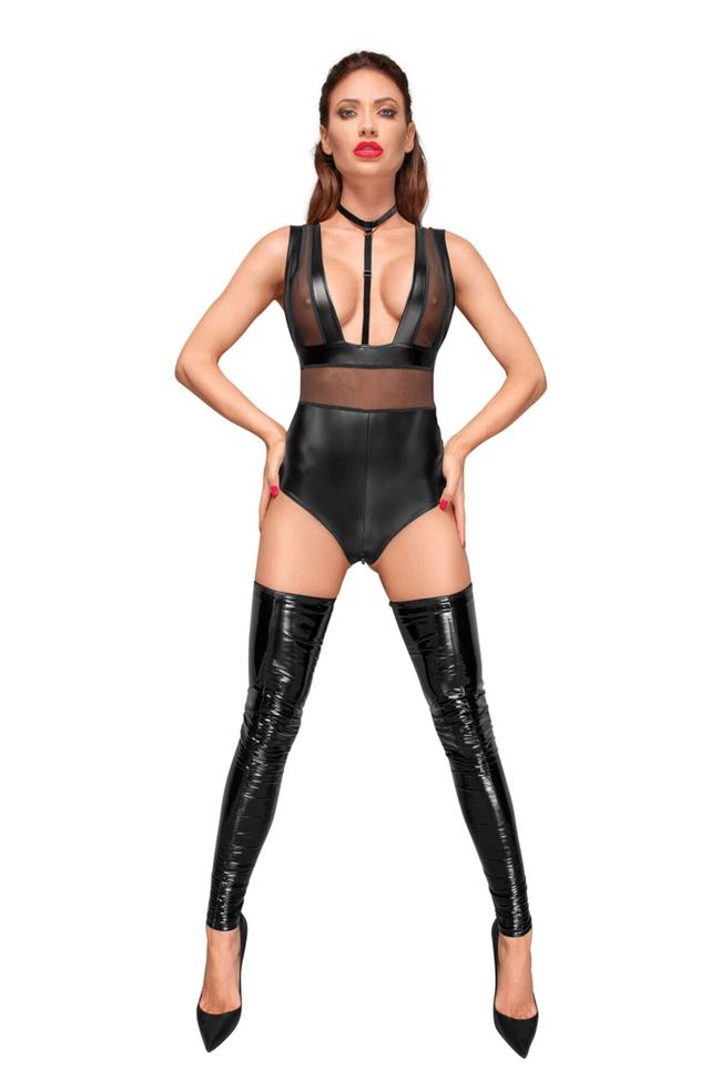 Latex bodysuit Noir Handmade F183 Powerwetlook with wide straps Black S