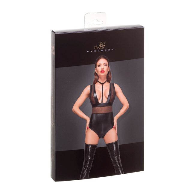 Latex bodysuit Noir Handmade F183 Powerwetlook with wide straps Black 3XL