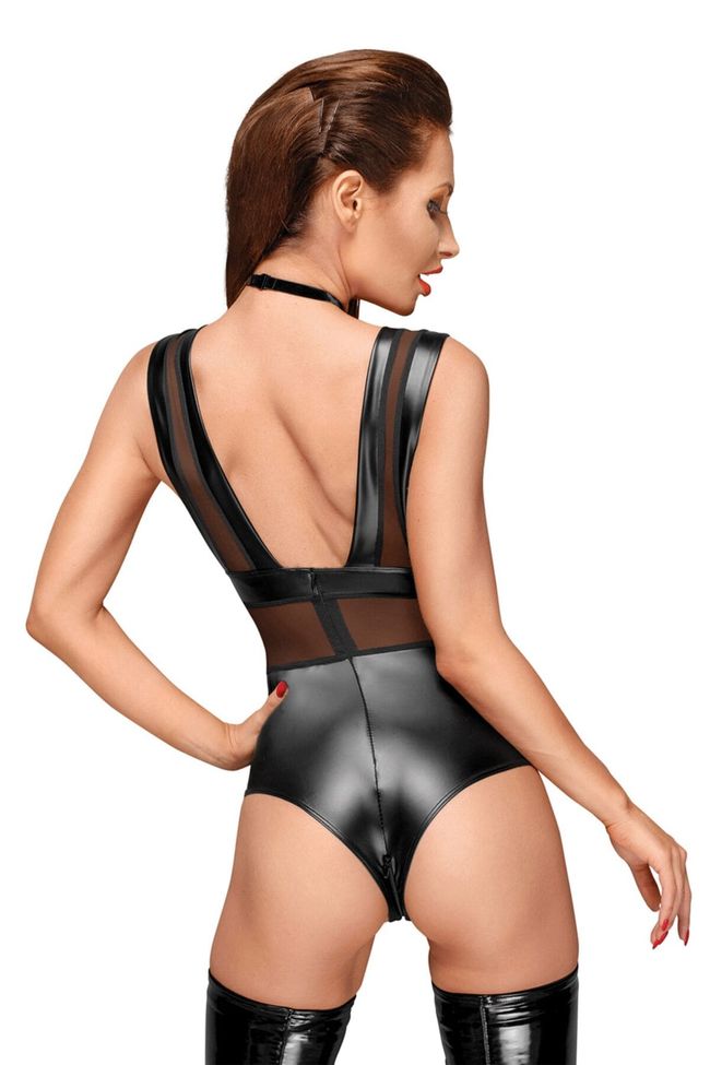 Latex bodysuit Noir Handmade F183 Powerwetlook with wide straps Black 3XL