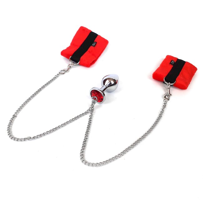 Handcuffs with plug Art of Sex Handcuffs with Metal Anal Plug M Red