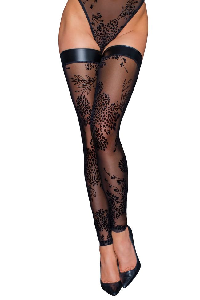 Тюлевые чулки с узорной вышивкой из флока Noir Handmade F243 Tulle stockings with patterned flock embroidery Черные 2XL SX0159 фото