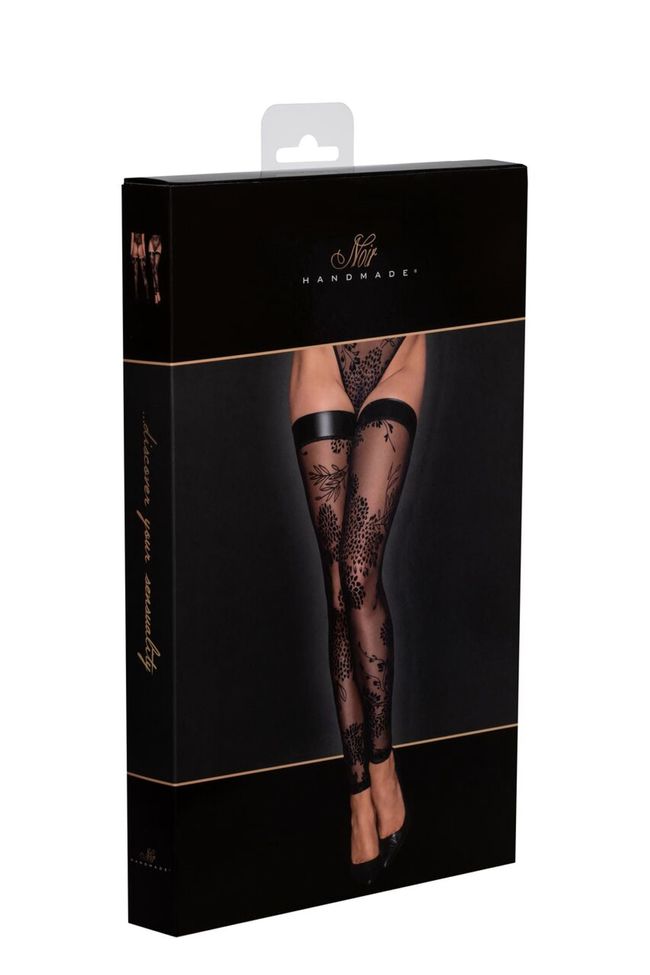 Тюлевые чулки с узорной вышивкой из флока Noir Handmade F243 Tulle stockings with patterned flock embroidery Черные 2XL SX0159 фото